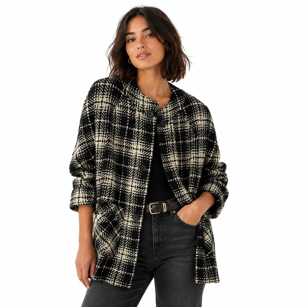 Womens Black White Plaid Textured Button Front Car Coat Jacket Large Pockets‎